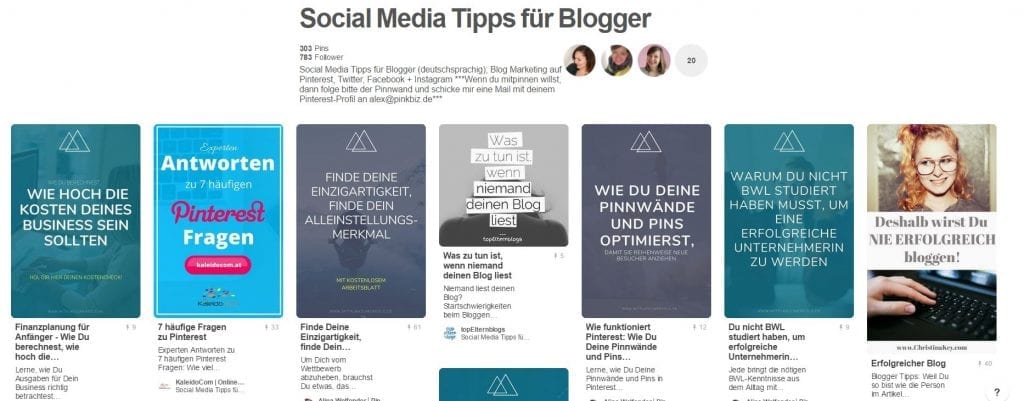 Gruppenboard Social Media Tipps für Blogger von Pinkbiz